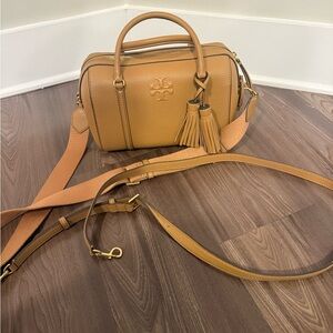 Tory Burch Camel Pebbled Leather Camera Bag with Tassel